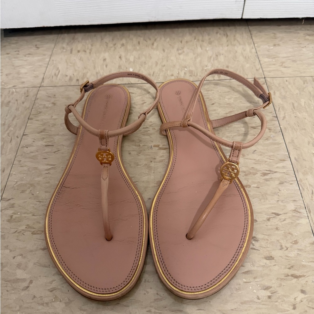 Tory Burch Blush Pink Leather T-Strap Sandals with Gold Logo
